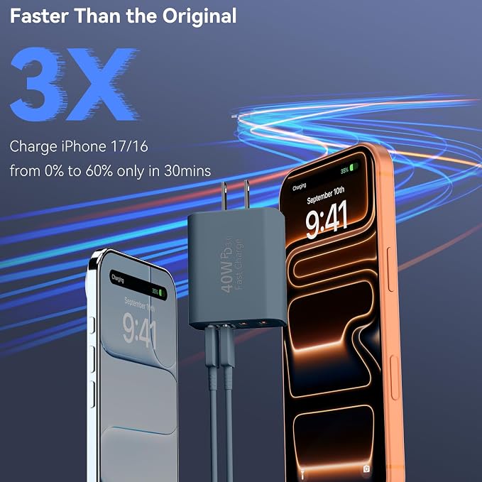 USB C Wall Fast Charger Block, 40W 4-Port Type C Charger Fast Charging Blocks PD Power Charger Adapter+QC 3.0 USB Multiport Charger Brick for Phone 17/16/15/14/13/12 Pro Max, Pad, GalaxyS25-Navy Blue - Image 5