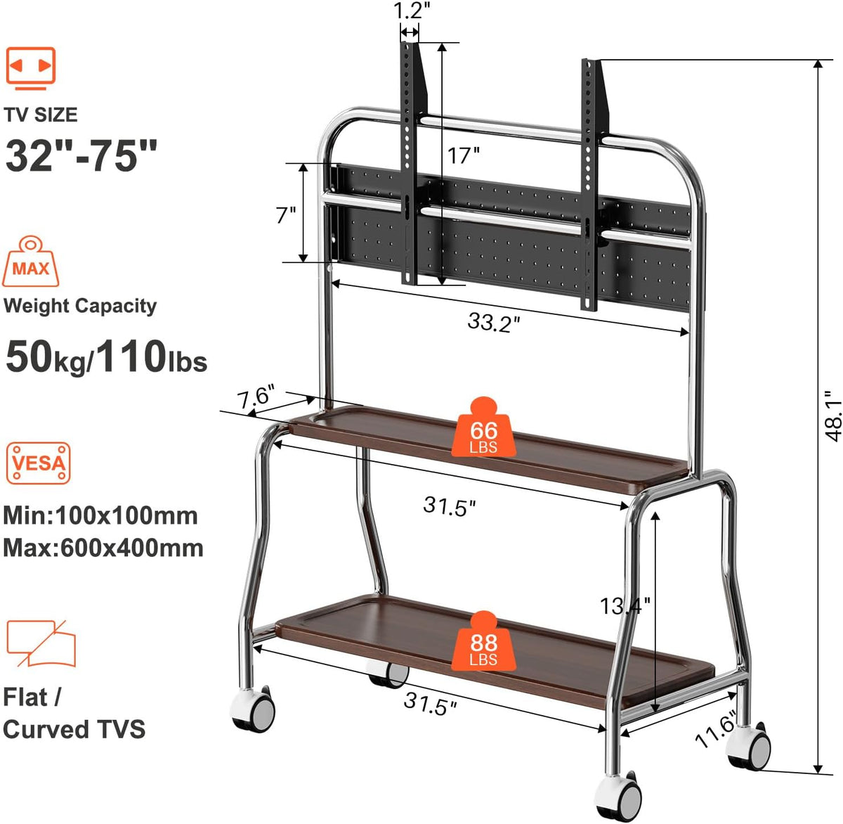 Easel Rolling TV Stand for 32-75" TVs, Stainless Steel TV Cart with Shelf - Image 5