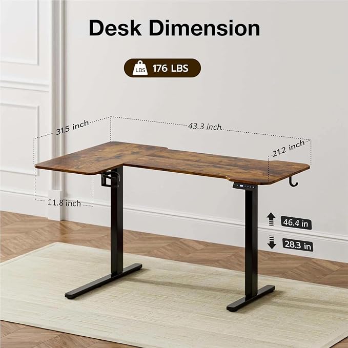L Shaped Electric Standing Desk - 43x31.5 Inch Reversible Corner Sit Stand Desk with Hook&Cup Holder,Electric Height Adjustable Table,for Small Home Office&Bedroom Computer Desk, Rustic Brown - Image 3