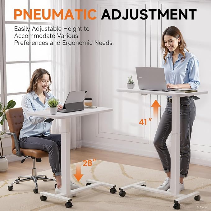 GTPLAYER Small Standing Desk with Lockable Wheels, Pneumatic Mobile Rolling Laptop Desk,Adjustable Height Overbed Bedside Table Computer Workstation for Home Office (28" W x 16" D, White) - Image 4