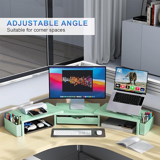 gianotter Dual Monitor Stand Riser With Drawer and 2 Pen Holders | Desk Organizer and Accessories Computer Monitor Stand, Desk Shelf for Top of Desk (Sage Green) - Image 3