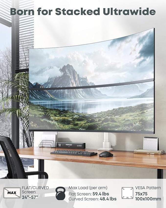 Dual Ultrawide Monitor Mount for 24-57'' Screens, Max Load 59.4 lbs per Arm | Vertically Stacked, Heavy Duty, Aluminum, Fully Adjustable, Topside Clamp/Grommet Mounting, VESA 75/100 mm, White - Image 2