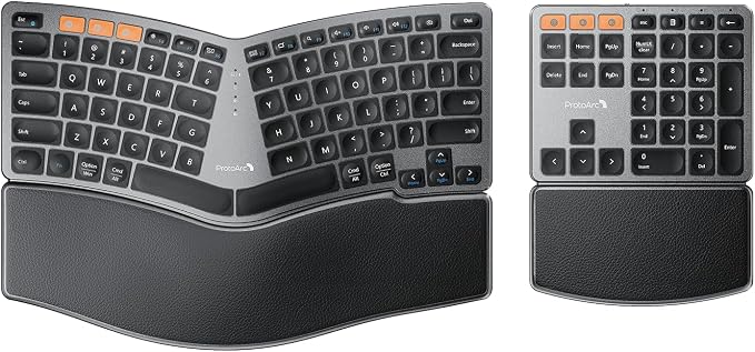 ProtoArc Wireless Ergonomic Keyboard with Separate Number Pad - Space Gray | 2.4G and Dual Bluetooth, Hard Palm Rest, Split Design, Rechargeable, Compatible with Windows, Mac by ProtoArc