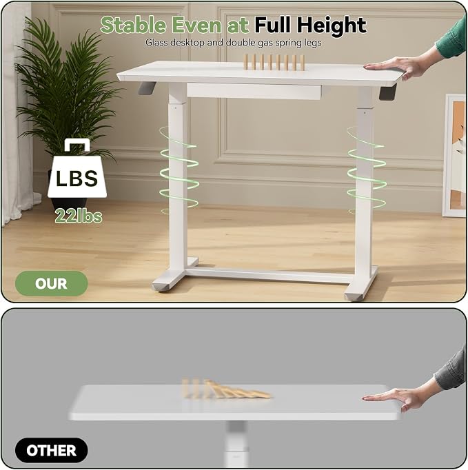 35inch Glass Standing Desk, Height Adjustable with Drawer | Pneumatic Rolling Laptop Desk on Hidden Wheels/Lockable Casters, White Portable Mobile Computer Workstation with Dual Column - Image 7