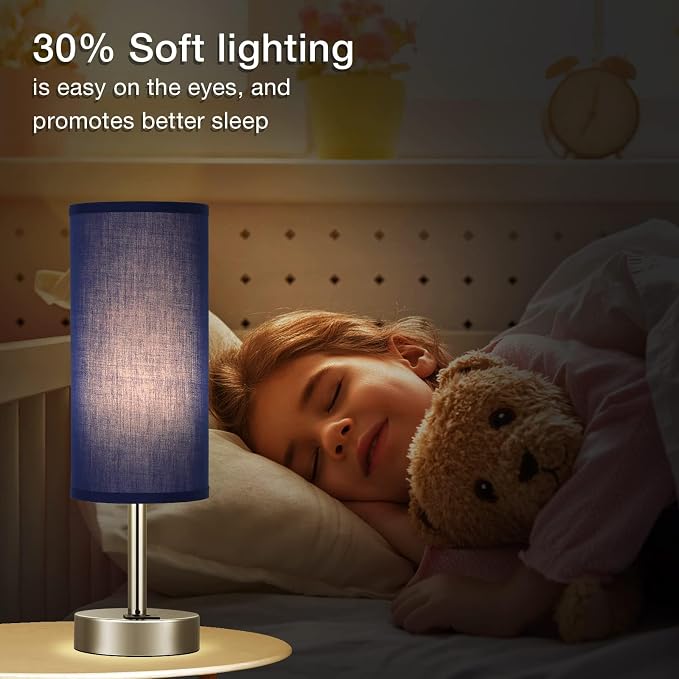 Blue Touch Table Lamp for Bedroom - Bedside Desk Lamp for College Dorm | USB A+C Ports, 3-Way Dimmable, LED Bulb Included, Navy Blue Lampshade, Silver Metal Base, Compact 14" Night Stand Lamp - Image 5