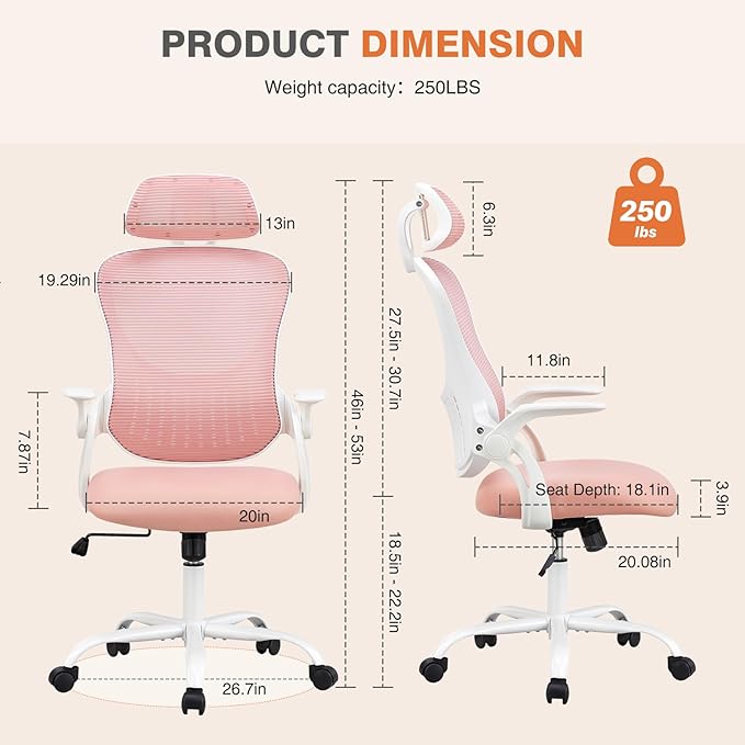 Sweetcrispy Computer Desk Chair, Mesh Office Chair with Lumbar Support | Ergonomic High-Back, Rolling Work, Adjustable Headrests, Flip-up Arms, Home Bedroom Study, Pink - Image 2