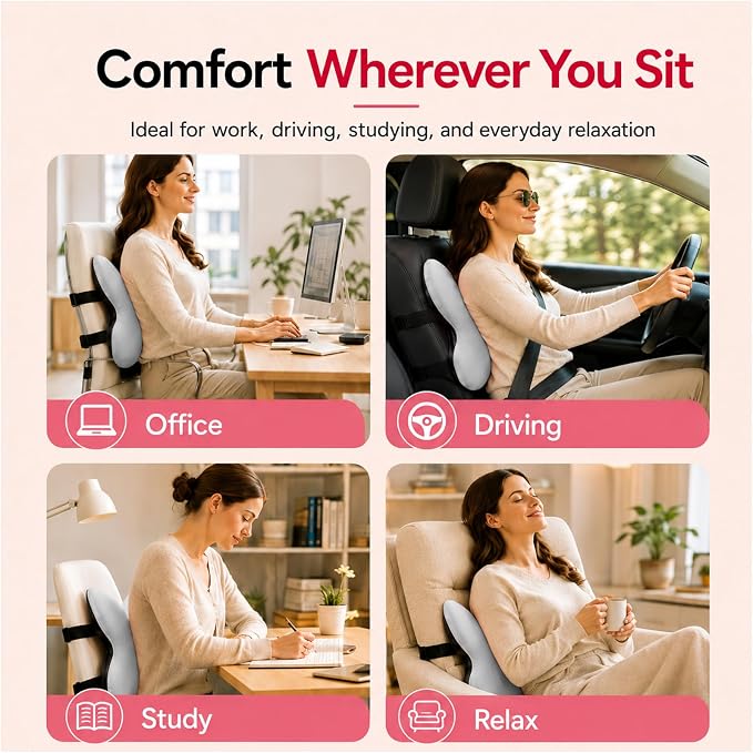 Memory Foam Lumbar Support Pillow,Back Support for Office Chair,Back Pillow for Chair,Ergonomic Lower Back Cushion for Desk Chair,Computer Chair,Gaming Chair and Car Seat,Washable Cover(Gray) - Image 4
