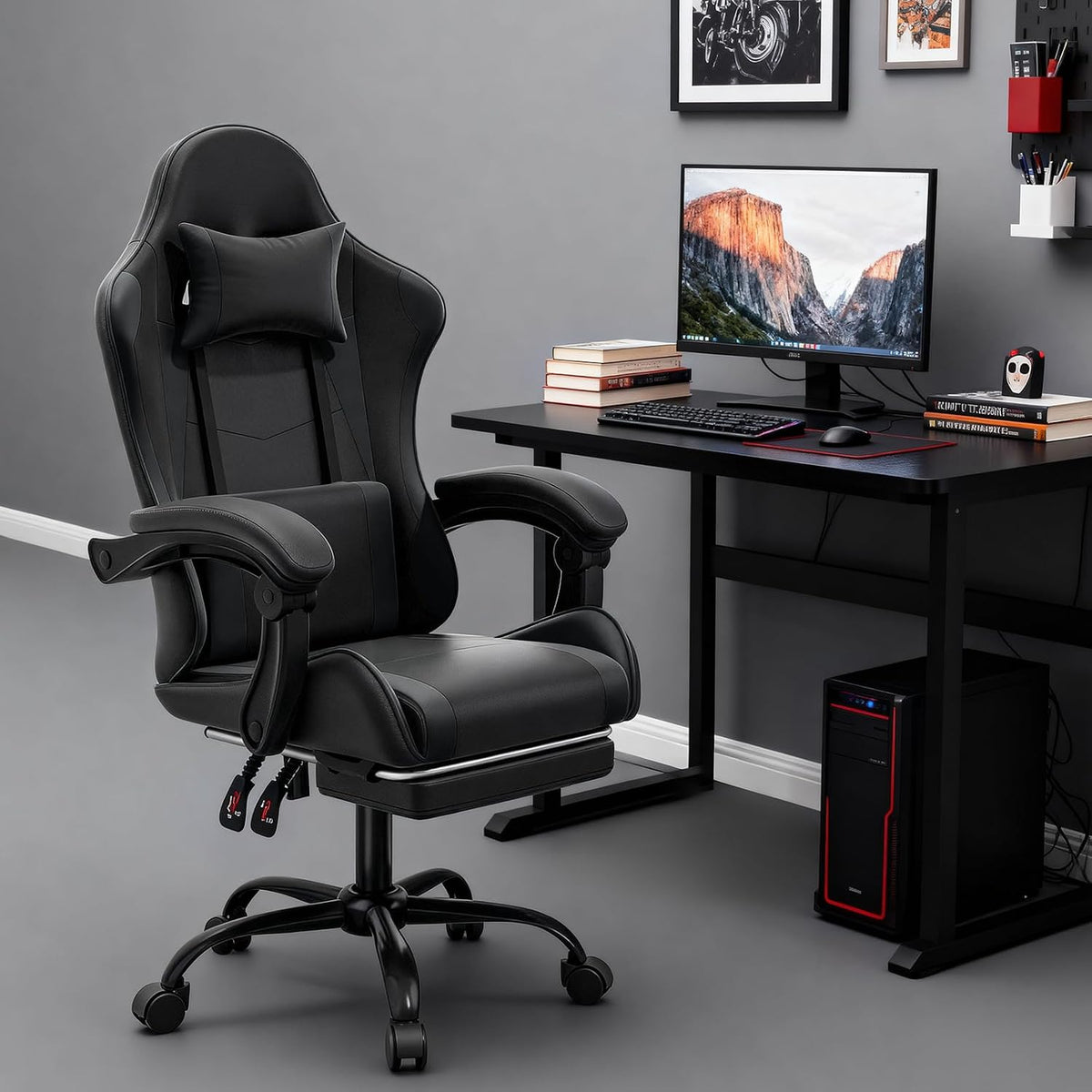 Gaming Chair, Footrest & Lumbar Support, Height Adjust, Black - Image 2