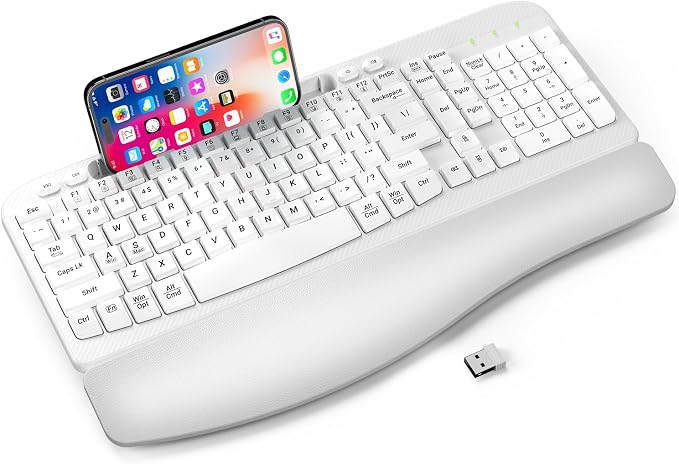 EAYBLLY 2.4G Wireless Ergonomic Keyboard, Full Size Wave Keys with Memory Foam Wrist Rest & 7.28in Phone Holder, USB-C Adapter Included for Windows Mac Chrome OS, Office or Home (White) by Unknown