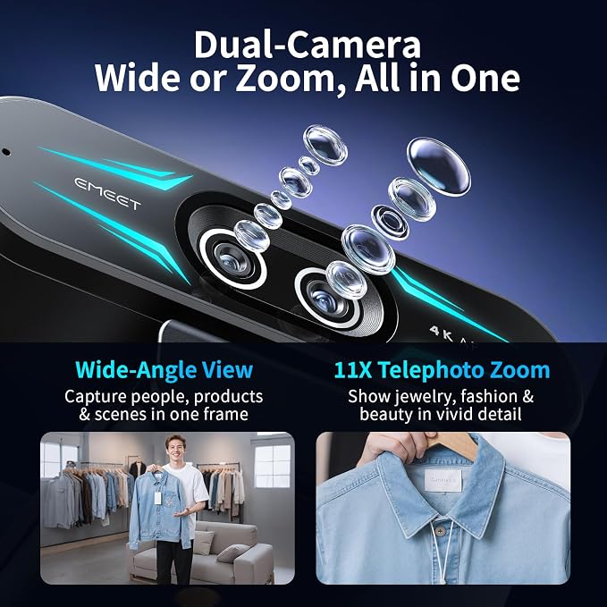 EMEET C60E Dual-Camera 4K Webcam for Streaming, Wide-Angle & Telephoto | Max 11X Hybrid Zoom & PDAF Autofocus, Remote Control, RGB Lighting, 2 Mics, Ideal for Livestreaming and Online Meeting - Image 3