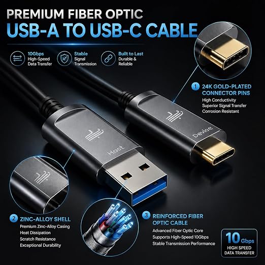 Fiber Optic USB A to USB C Cable 50ft 10Gbps Active Optical | Long-Distance USB-C Extension,EMI-Free for 4K Video Conferencing Rooms, Industrial Equipment,Data Center - Image 2