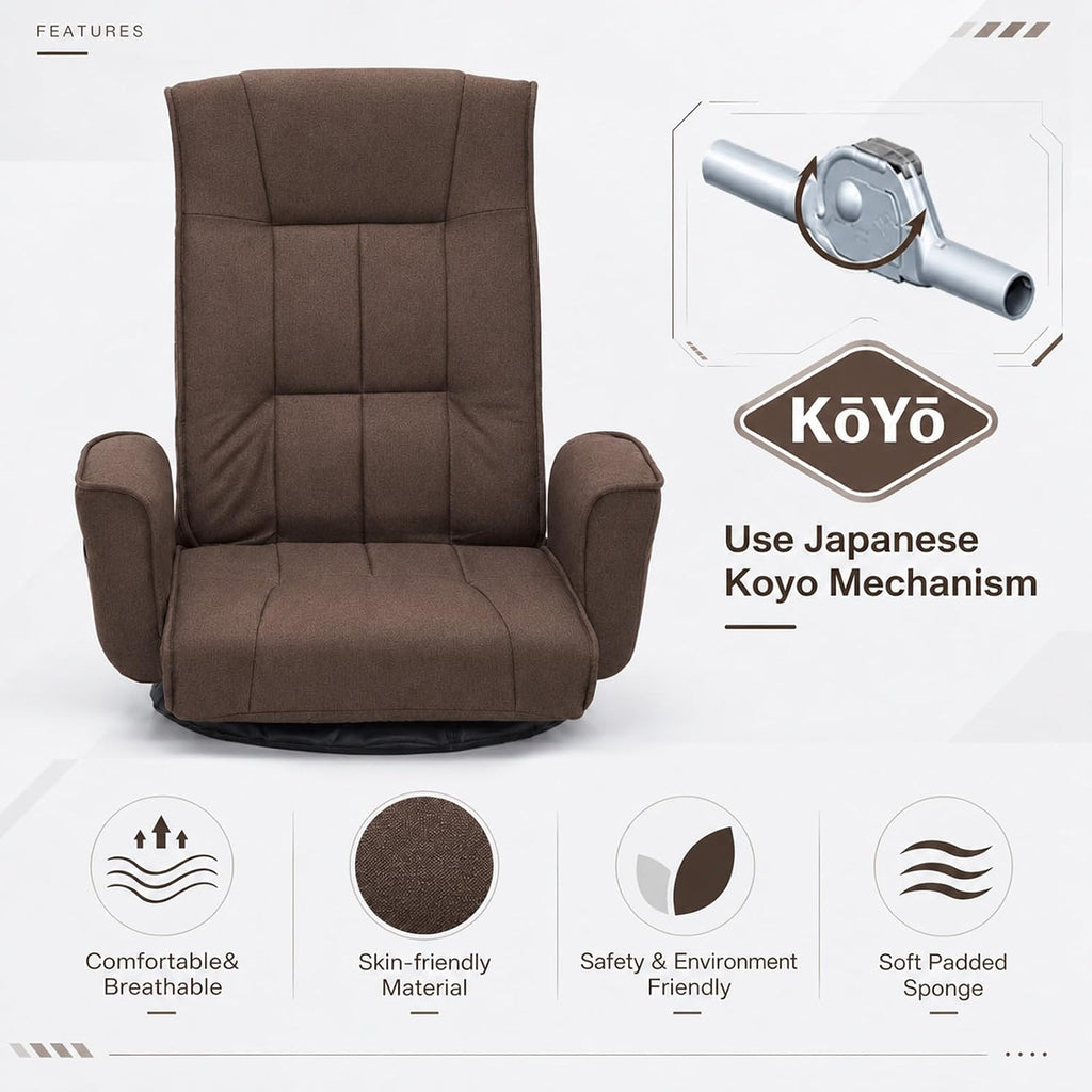 360° Swivel Floor Chair, Adjustable Reclining Floor Gaming Chair with Armrests, Linen Fabric Folding Lazy Sofa Chair, Multi-Position Floor Prayer Chair for Meditation Reading Napping, Brown - Image 3