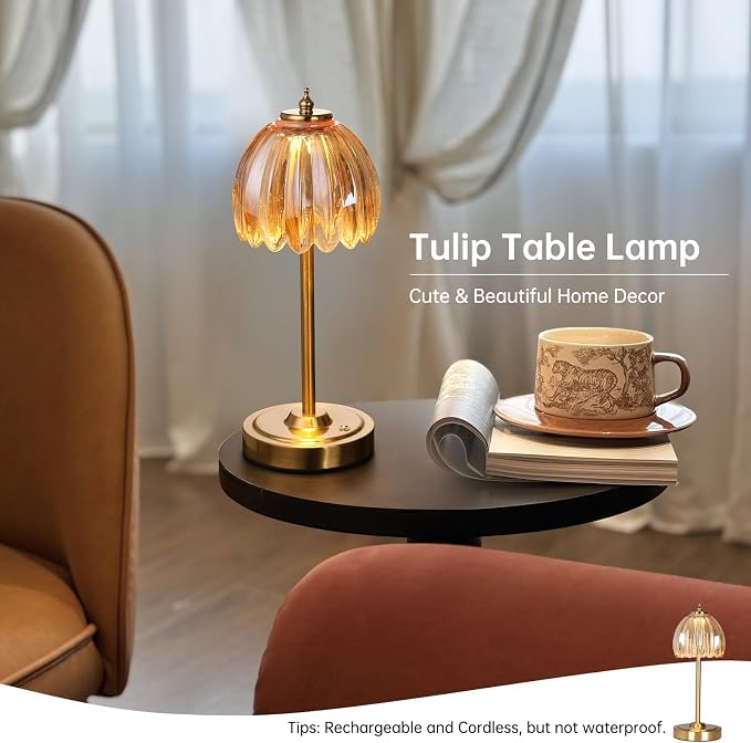 Shenmoyl Tulip Table Lamp with 5000mAh Battery & Touch Control, Cordless Table Lamp with 3 Colors, Dimmable Rechargeable Table Lamps for Bedroom, Nightstands, Living Room, Entryways (Amber Tulip) - Image 8
