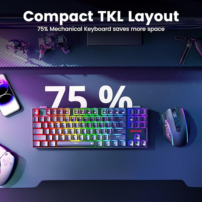 Redragon Wireless Gaming Keyboard, BT/2.4Ghz Tri-Mode Mechanical Keyboard, buit-in Battery, Programmable 87 Keys TKL, LED Rainbow Backlit - K552-KRS - Image 5