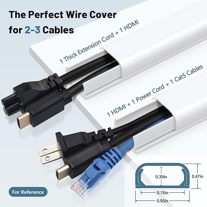 ZhiYo 43" Cord Covers for Wires on Wall, White Cord Hider, 0.95" W x 0.47" | Fits 2-3 Cords, Premium Paintable Raceway for Wall-Mounted TV, Self-Adhesive Wire Hider for Extension Cords & Ethernet Cables - Image 2