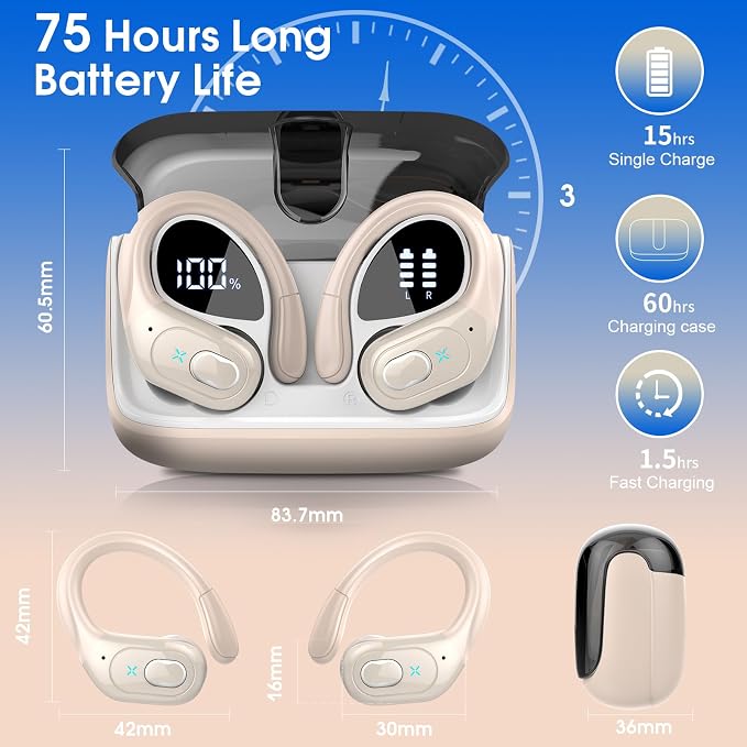 Wireless Earbuds 75H Bluetooth 5.4 Sport Headphones with Earhooks, Camel | IPX7 Waterproof In-ear Buds Feature ENC Noise Cancelling Mic & Deep Bass. Stereo Sound Device for Gym Running Workout - Image 2