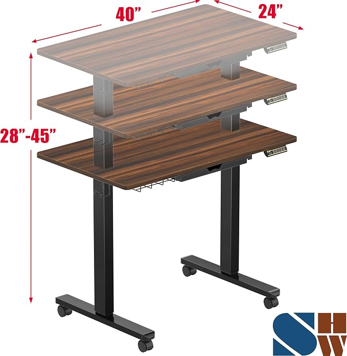 SHW Mobile Electric Height Adjustable Standing Desk w/Drawer, Black | 40" Wide Top | w/ Memory Presets and Cable Management | Drawer with adjustable compartments | Hanging Hooks - Image 3