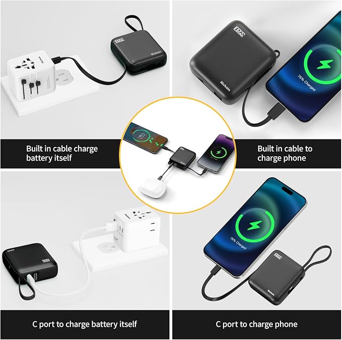 Hichain Small Portable Charger Mini Power Bank 10000mAh 22.5W Black | Built in Cables & LED Display USB-C Fast Charging Battery Pack, Travel Essential Power Bank for iPhone, iPad, Android - Image 4