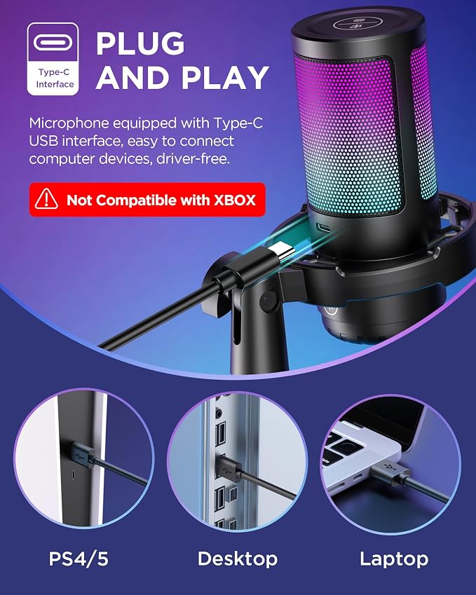 InnoGear Gaming Mic USB Computer Microphone for PC Boom Arm Stand, Black | Noise Cancellation, Adjustable Boom Arm, One-Touch Mute, Flexible Angle, 4 RGB Modes, Work with PS4/PS5, Wide Frequency Range - Image 2