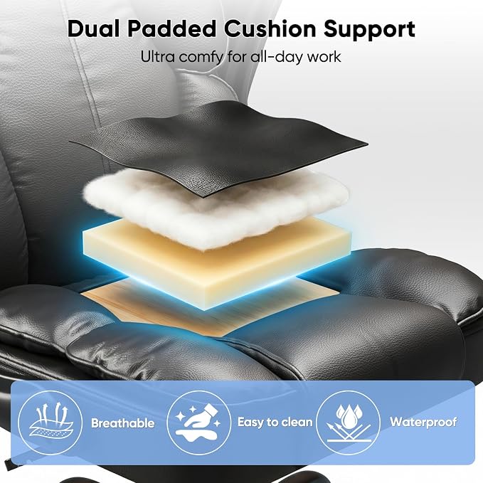 Kensaker Managerial Executive Chair with Adjustable Headrest | High Back Lumbar Support Computer Chair PU Leather Chairs Comfy with Double Padding & 135° Rocking for Home Office, Black - Image 4