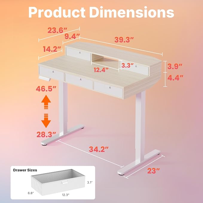 HUANUO 40 x 24 Inch Electric Standing Desk with 4 Drawers, Natural | 4 Drawers For Organized Storage, Raised Monitor Shelf, C-Clamp Mount Support, 4 Memory Presets, 28.3–46.5 Inch Height Range - Image 2