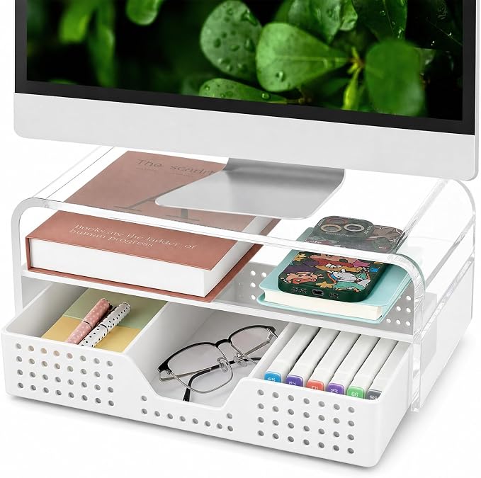Desk Organizer and Accessories, 2-Tier Computer Monitor Stand Riser with Drawer and 2 Pen Holders, Laptop Stand, Office Desk Accessories for Office Supplies, 1 Pack, Transparent by OPNICE