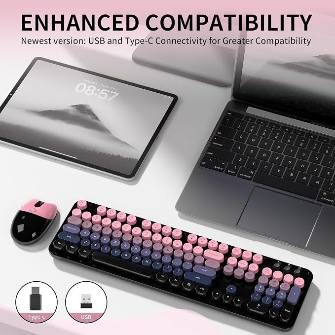 Wireless Keyboard and Mouse, MOFII 104 Round Keycaps Retro Typewriter with OTG & Brush, Full-Size Ergonomic, Ideal for Windows PC, Home, Office and College Peach Pink - Image 7