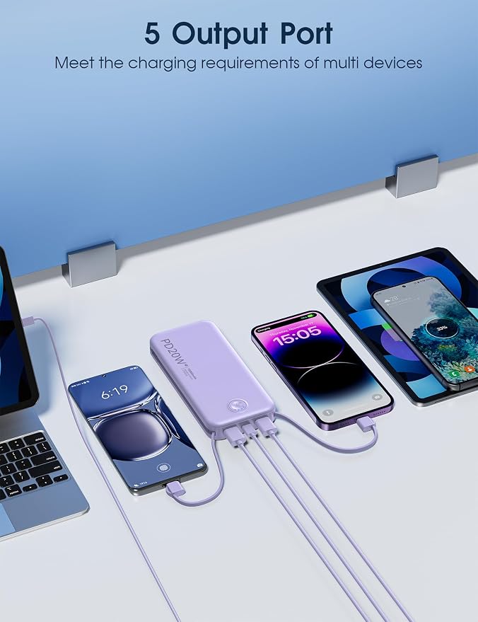 Nusyddy Portable Charger 10000mAh Fast Charging w/Built-in Wall Plug Purp. | PD20W Fast Charging, LED Indicator, Pass Through Charging, TSA Approved, Compact/Slim, Power Bank for iPhone/iPad/Samsung - Image 6