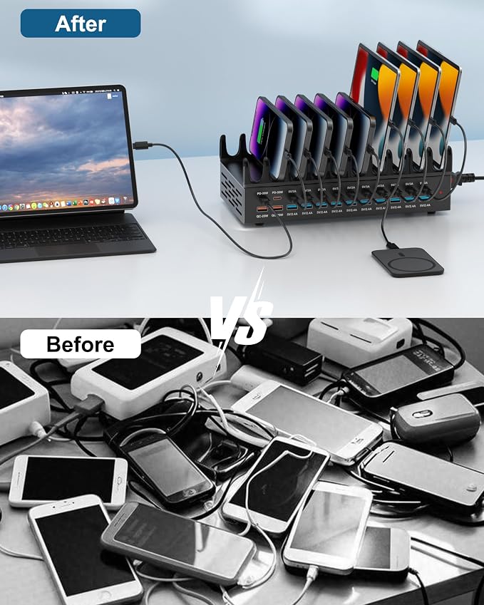 24 Ports 420W Charging Station for Multiple Devices, Iron Alloy USB Charger | with 30W Power Delivery, Multi Fast Charger Dock for Phone Tablet, Home, Office, School - Image 6