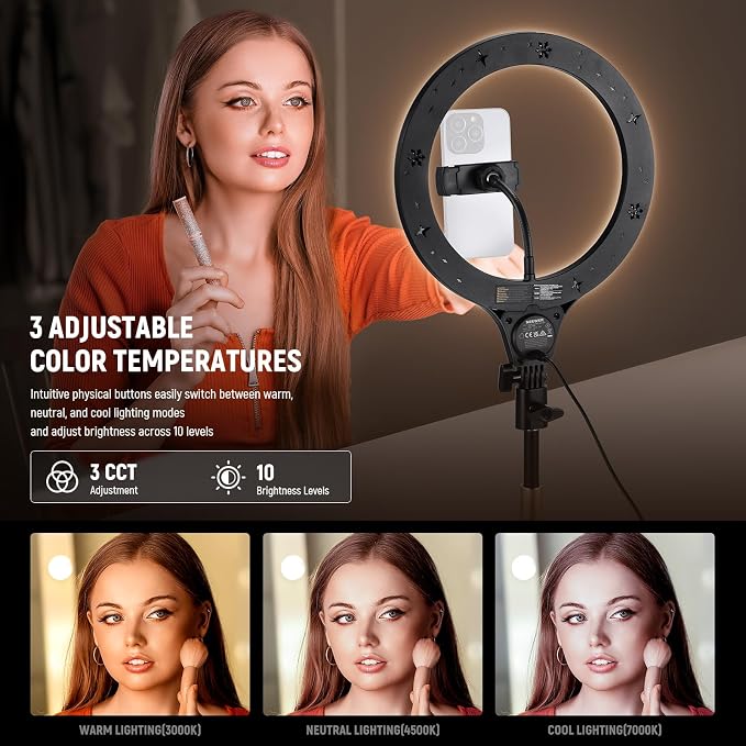 NEEWER Entry Level Version 10.5" Desk Ring Light with Stand/Phone Holder Compatible with iPhone/Remote, 10W CRI85+ LED Lighting for Streaming Recording Makeup Selfie Laptop Video Conference, N22 - Image 3