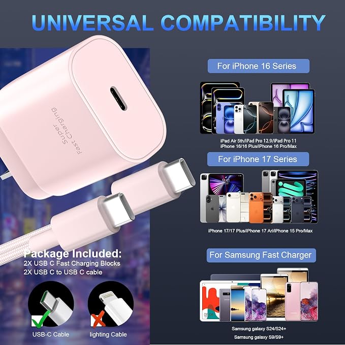 Phone 16 15 Charger Fast Charging,30W Type C Chargers USB C Charge Block with 2 Pack 10FT USB C Cable Nylon Braided for Phones 16/16 Plus/16 Pro/16 Pro Max/Phone 15/15 Pro Max/Pad Pro/AirPods,Pink - Image 5