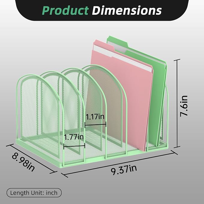 5-Section File Organizer for Desk, Metal File Folder Holder, Mint Green | 5 Vertical Compartments with Sturdy Metal Base for Office Documents Books Magazines and Laptop - Image 2