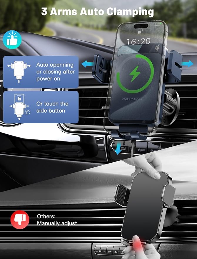 Wireless Car Charger Auto-Clamping Air Vent Car Mount 15W Fast Charging | Car Phone Holder Compatible for iPhone 17/16/15/14/13/13 Pro/12 Pro Max/12 pro/12/11/10, Samsung Galaxy Series - Image 5