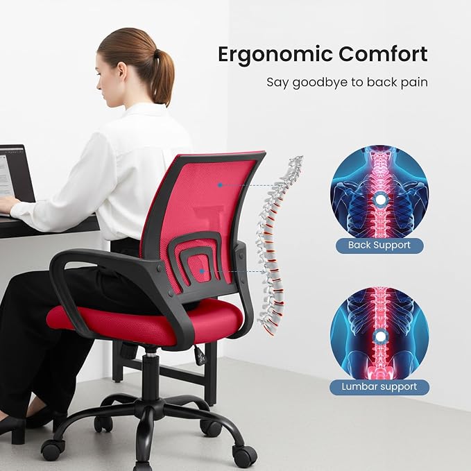DUMOS Ergonomic Office Chair 2 Pack, Home Desk Mesh Chair, Lumbar Support | Mid Back Mesh, Height Adjustable Fixed Armrest, Rocking Mode Computer Gaming Meeting, Red - Image 5