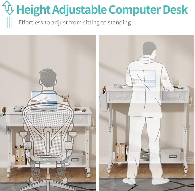 White Portable Rolling Computer Desk - 40 Inch Adjustable Mobile Standing Teacher Desks with 3 Fabric Drawers on Wheels, Couch Sofa Side Laptop Stand Up Table with Storage for Home Office, White - Image 7