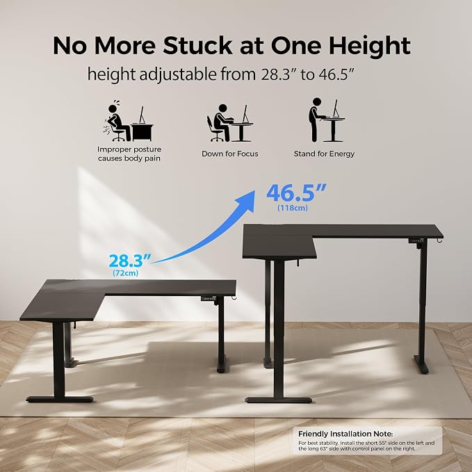Agilestic L Shaped Electric Standing Desk Adjustable Height, 75 Inch, Black | Electric Height Adjustable, Spacious Corner Desktop, Sturdy Steel Frame, Memory Presets, 176 lbs, Splice Board - Image 5