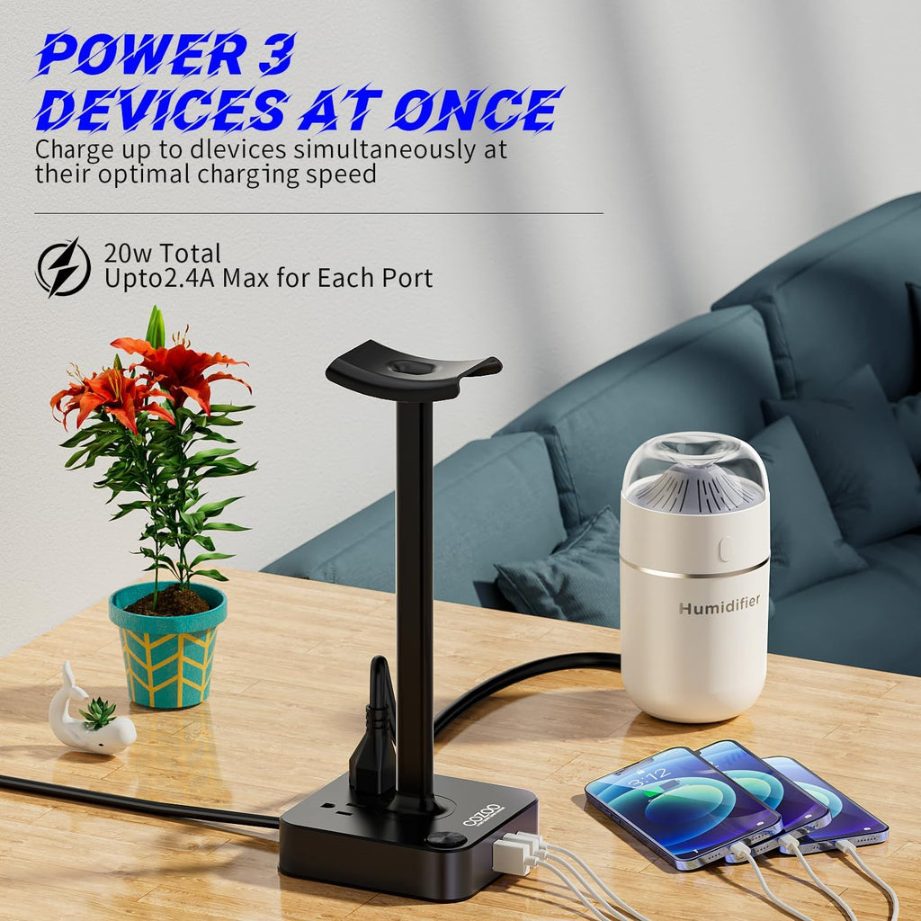 Headphone Stand with Charger for Desk, Gifts for Gamers Men, Black - Image 8