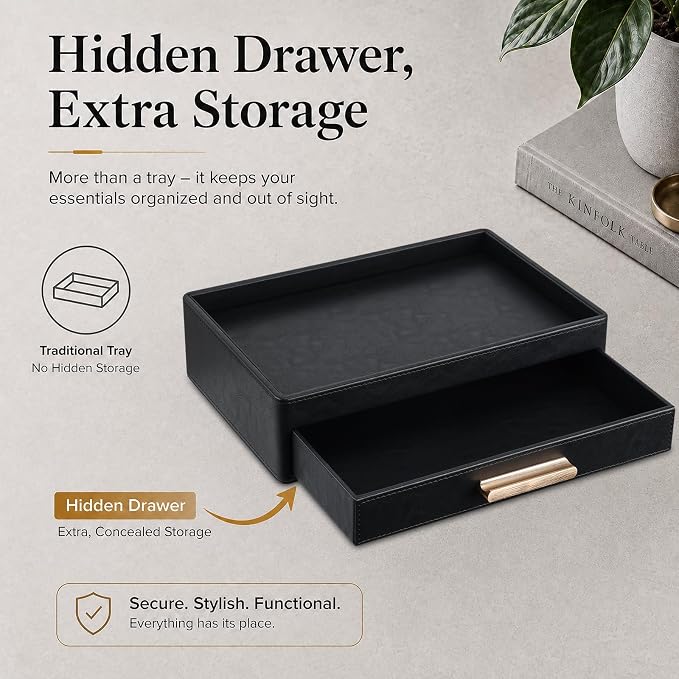 GORESE Leather Valet Tray for Men, Nightstand Organizer with Drawer, Black | Vegan Leather, EDC Desk Organizer Tray for Jewelry Cologne Watch Wallet Key, Catchall Tray for Dresser Entryway Table Bedside - Image 5