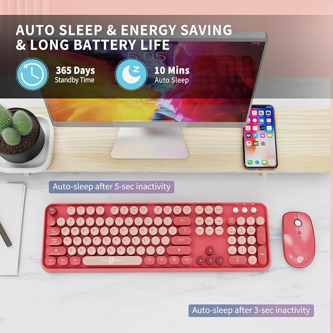 Wireless Keyboard and Mouse Combo | Cute Colorful Keyboard and Mouse with 2.4GHz Cordless Retro Typewriter Keyboard | Auto-Sleep | USB Receiver for Windows PC/Laptop - Pink Colorful - Image 5