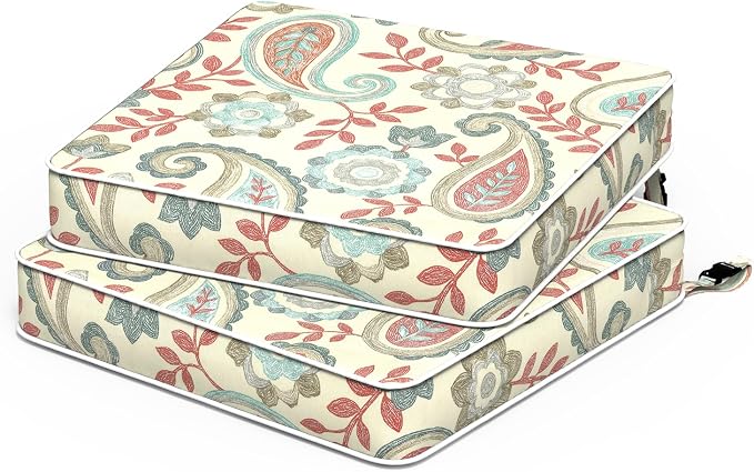 Outdoor Seat Cushions 19 x 19 x 3 Inch, Water Repellent Patio Chair Foam Cushions with Straps, Outdoor Cushions for Patio Furniture Garden Sofa, Set of 2, Paisley Vintage by TWLEAR