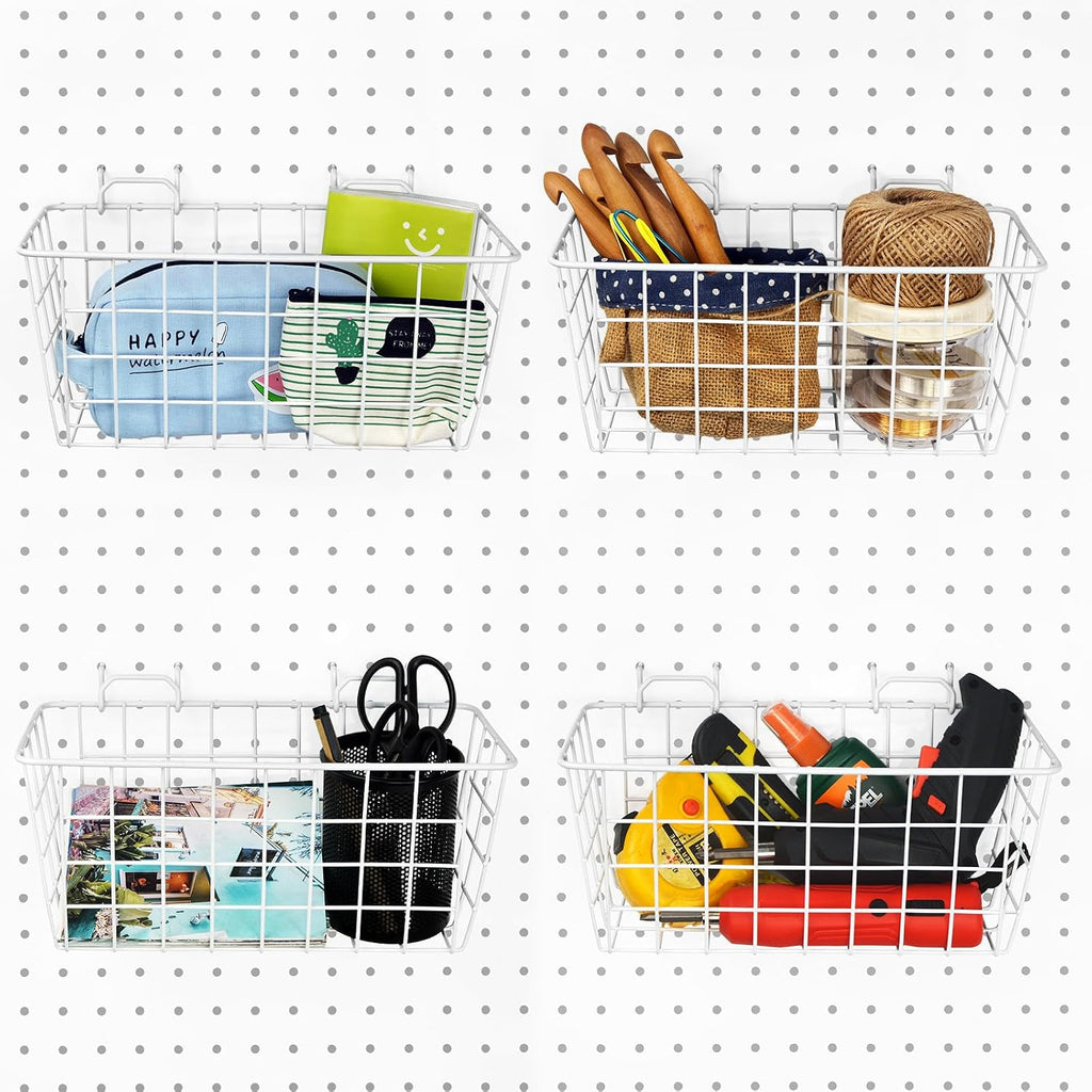 Pegboard Baskets 4 Pack Peg Board Metal Shelves Organizers (Medium, White) - Image 8