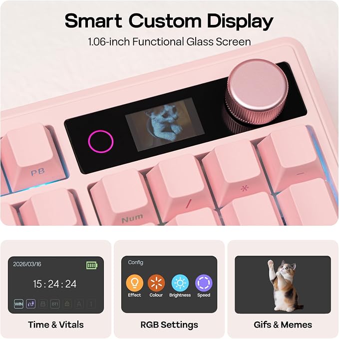 EPOMAKER TH108 V2 PRO Full Size Mechanical Keyboard with Screen&Knob | 10000mAh, BT/2.4Ghz, Mac Modifier PBT Keycap, RGB, Gasket, Wireless Gaming Keyboard for Mac/PC (Pink, Creamy Jade) - Image 3