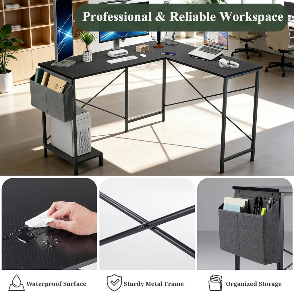 L Shaped Desk, 50 Inch Reversible Computer Desk Corner Gaming Table with CPU Stand & Storage Bag, Sturdy Metal Frame PC Workstation for Home Office, Black Wood - Image 4