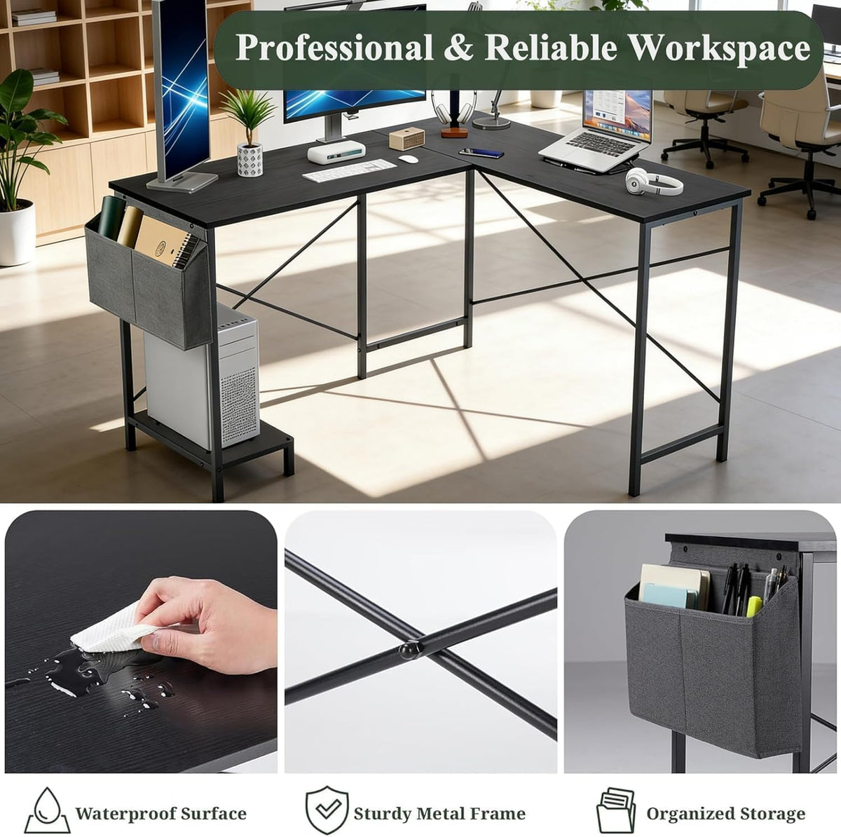 L Shaped Desk, 50 Inch Reversible Computer Desk Corner Gaming Table with CPU Stand & Storage Bag, Sturdy Metal Frame PC Workstation for Home Office, Black Wood - Image 4