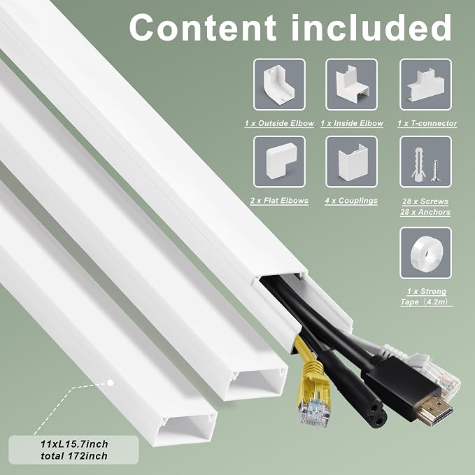 Wall Cable Hider to 3-4 Wires, LZEOY 172in Cord Hider for Wall Mount TV, White Cord Covers for Wires on Wall, Wall Cord Cover Wire Covers for Cords, Large Cable Management Kit 11xL15.7in W1.18inH0.6in - Image 3
