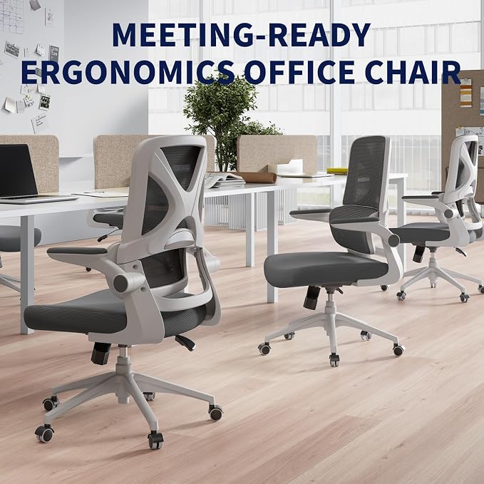 Ergonomic Office Chair - Desk Chair with Adjustable Headrest Lumbar Support Computer Chair - Mesh Comfy Chair with Flip-up Armrests - Gaming Chairs for Adults Home Office (White+Gray) - Image 9