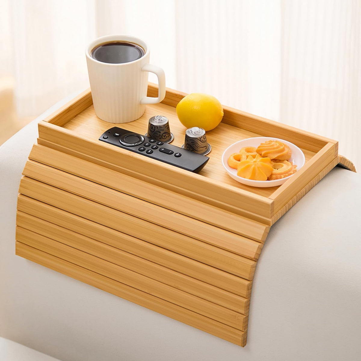 Bamboo Couch Arm Tray Table，Foldable Sofa Armrest Tray Table for Couch，Flexible and Anti-Slip Couch Arm Cup Holder，Portable Sofa Arm Chair Table for Drink,Cups, Eats，Snacks, Phone, Remote - Image 2