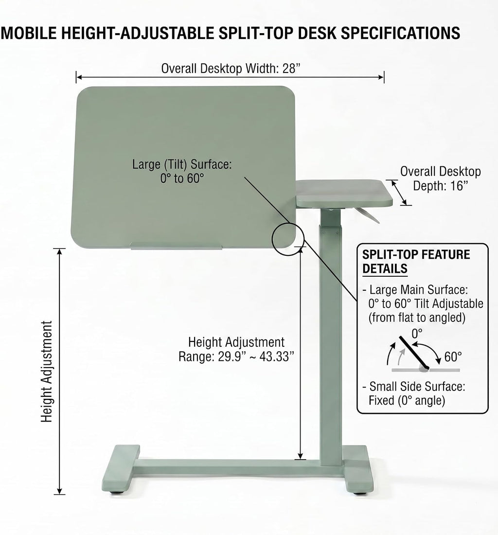 Overbed Table Adjustable Height 30"-43", Rolling Laptop Desk with Wheels, Tilt Split Top Over Bed Table for Hospital, Home, or Bedroom Use, Portable Bedside Table Stand (Tiltable Top, Blue) - Image 3