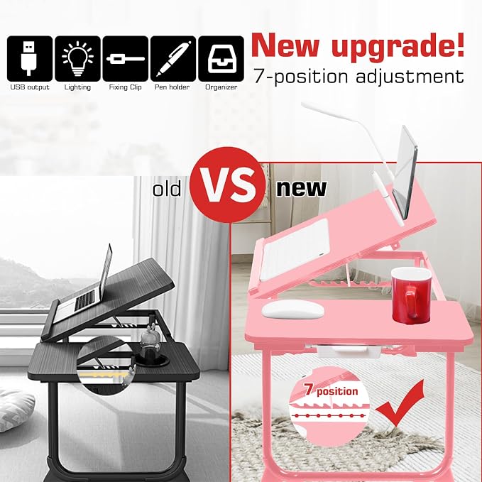 CloudTrip Plus XL Adjustable 17in Laptop Desk with Light, USB Port, iPad Holder, Drawer Storage - Larger 23.6IN Adjustable Lap Desk for Bed, Home Office, Breakfast Tray, Fordable Legs Desk (Pink) - Image 3