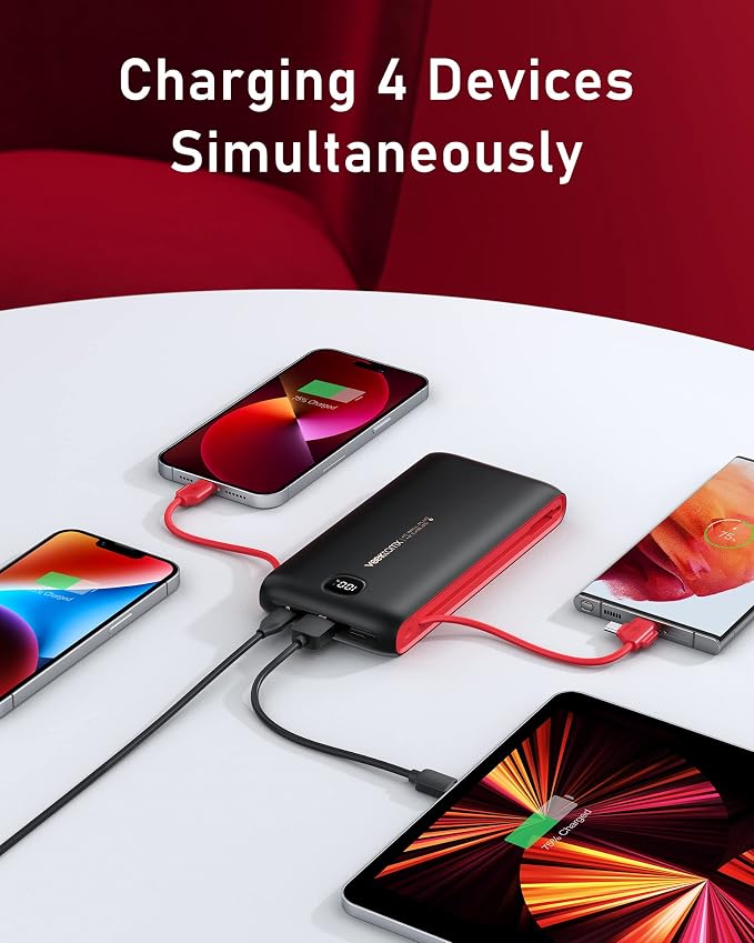VEEKTOMX 10000mAh Portable Charger with Built-in Cables & Wall Plug | Fast Charging Slim USB-C Power Bank for iPhone, Samsung, iPad | 5 Outputs, Charges 4 Devices, ETL Certified, Black Red - Image 6